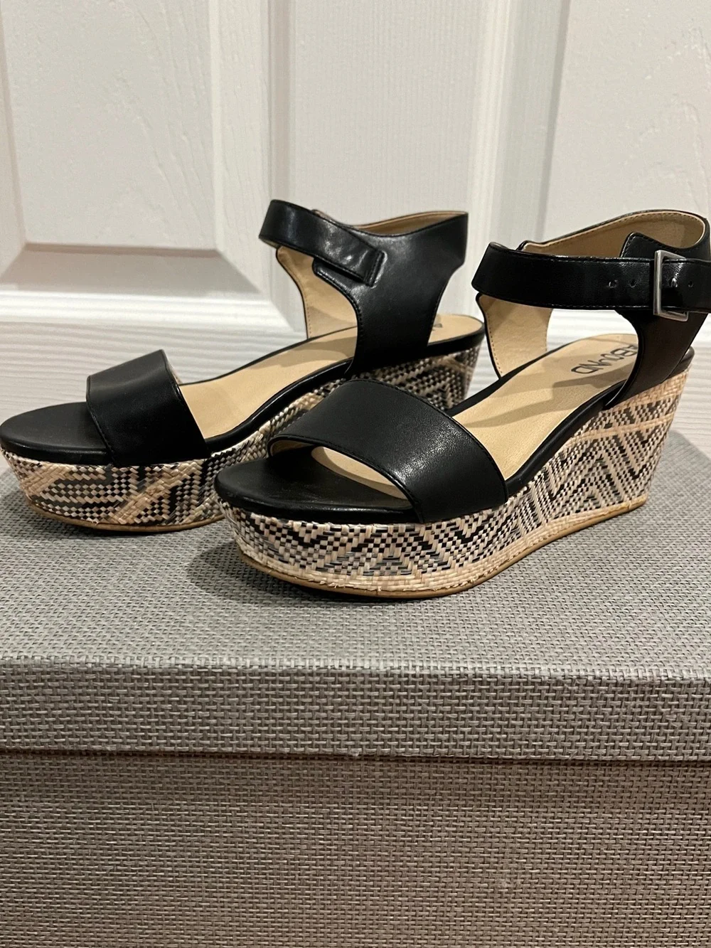 Abound Wedge Sandals with Patterned Espadrille Platform - Black